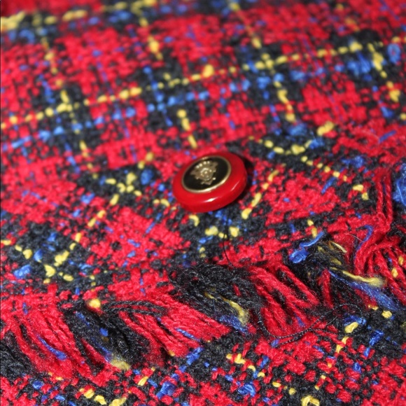 VTG 90s y2k Red/Black Plaid Tweed Fringe Boucle Zip-Up Blazer - Picture 7 of 9